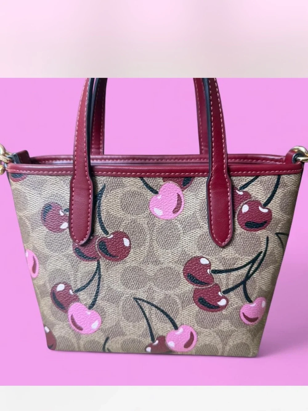 Coach Cherry Print Mini Tote in Pink and Brown - Picture 2 of 8